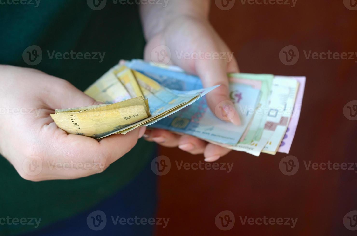 las manos femeninas cuentan con una gran cantidad de dinero ucraniano durante el período salarial en Ucrania foto