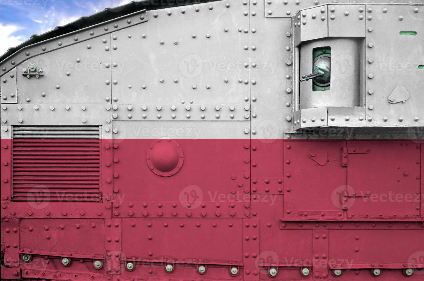 Poland flag depicted on side part of military armored tank closeup. Army forces conceptual background photo