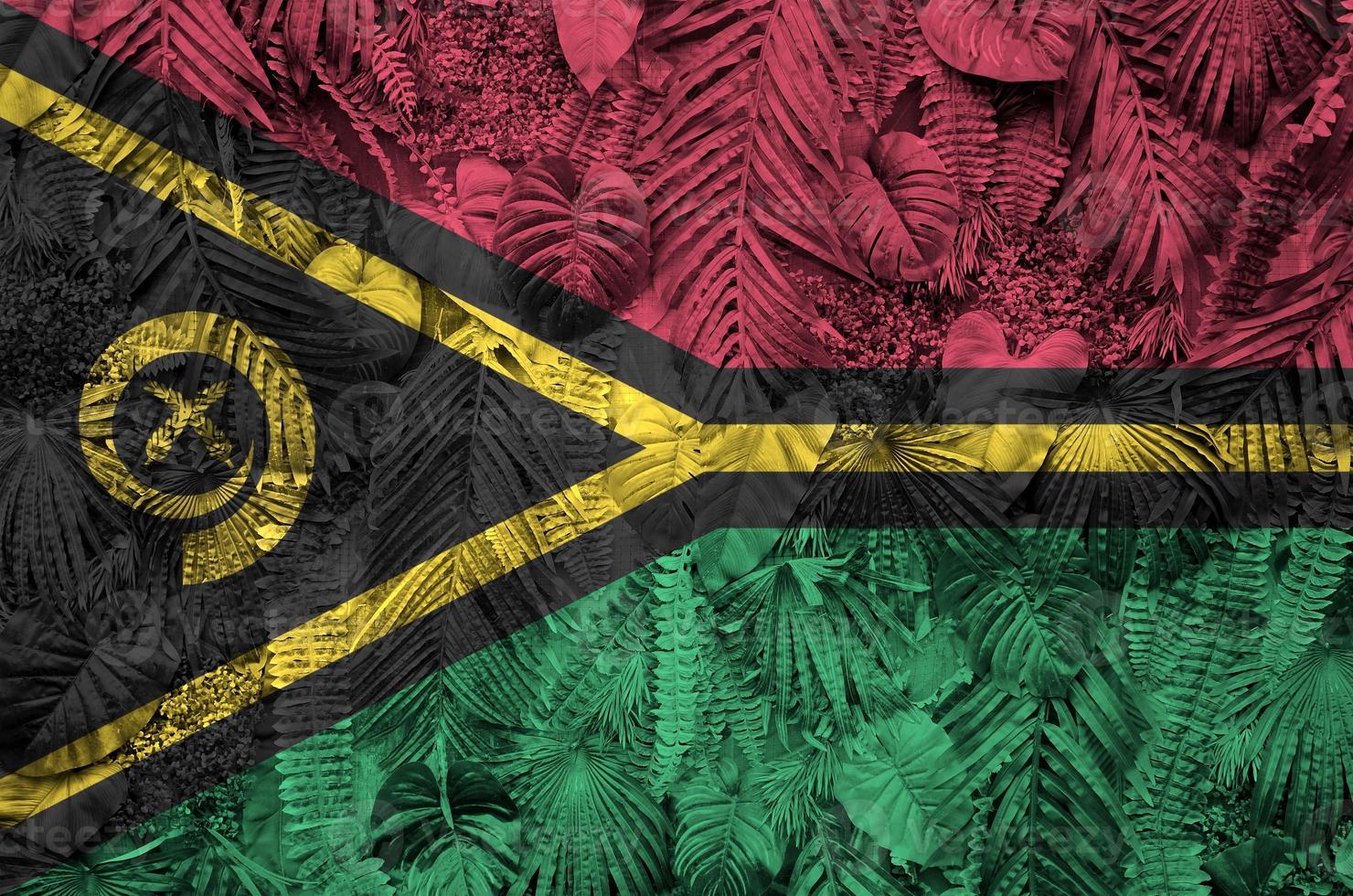 Vanuatu flag depicted on many leafs of monstera palm trees. Trendy fashionable backdrop photo