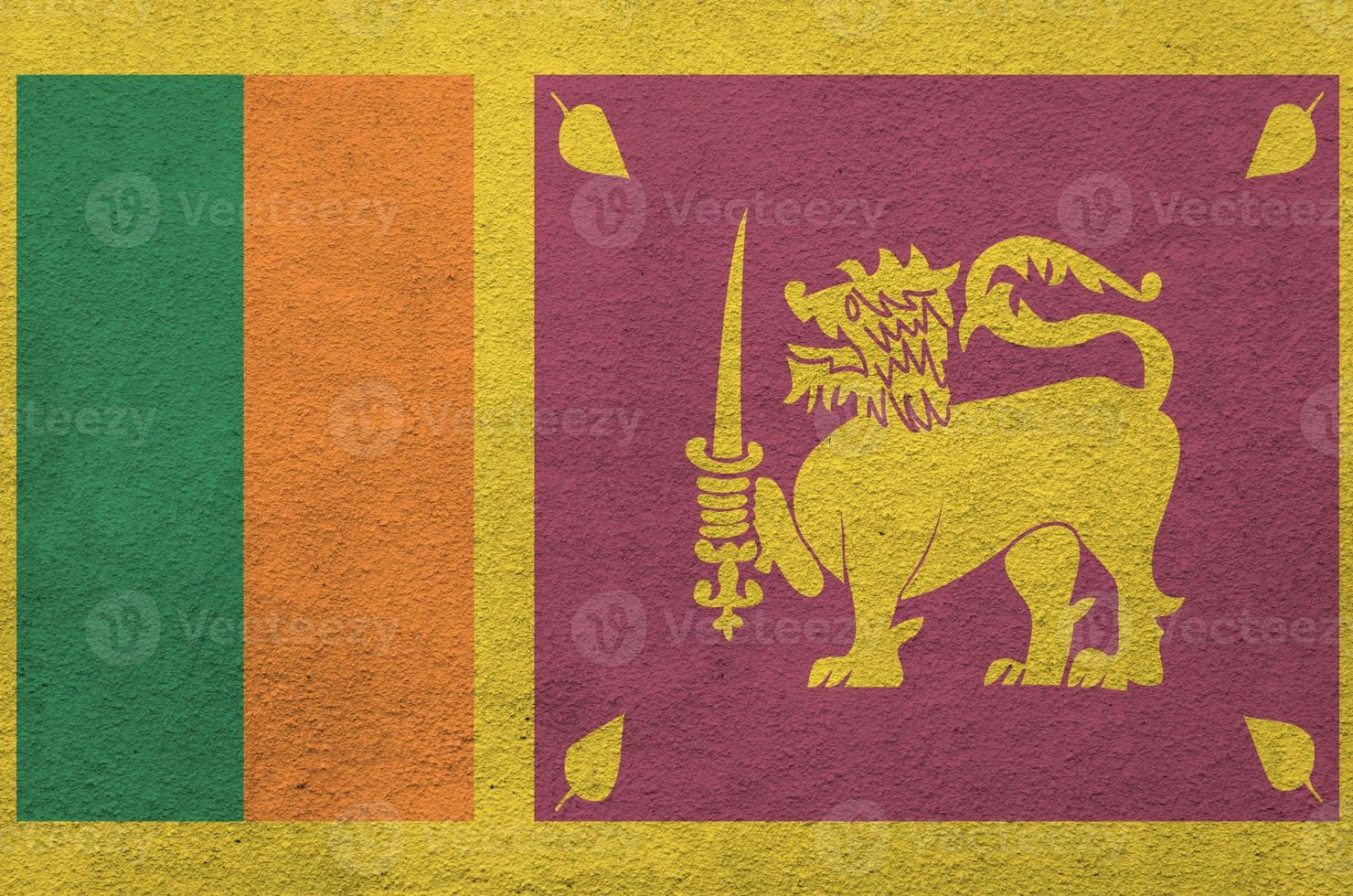 Sri Lanka flag depicted in bright paint colors on old relief plastering wall. Textured banner on rough background photo