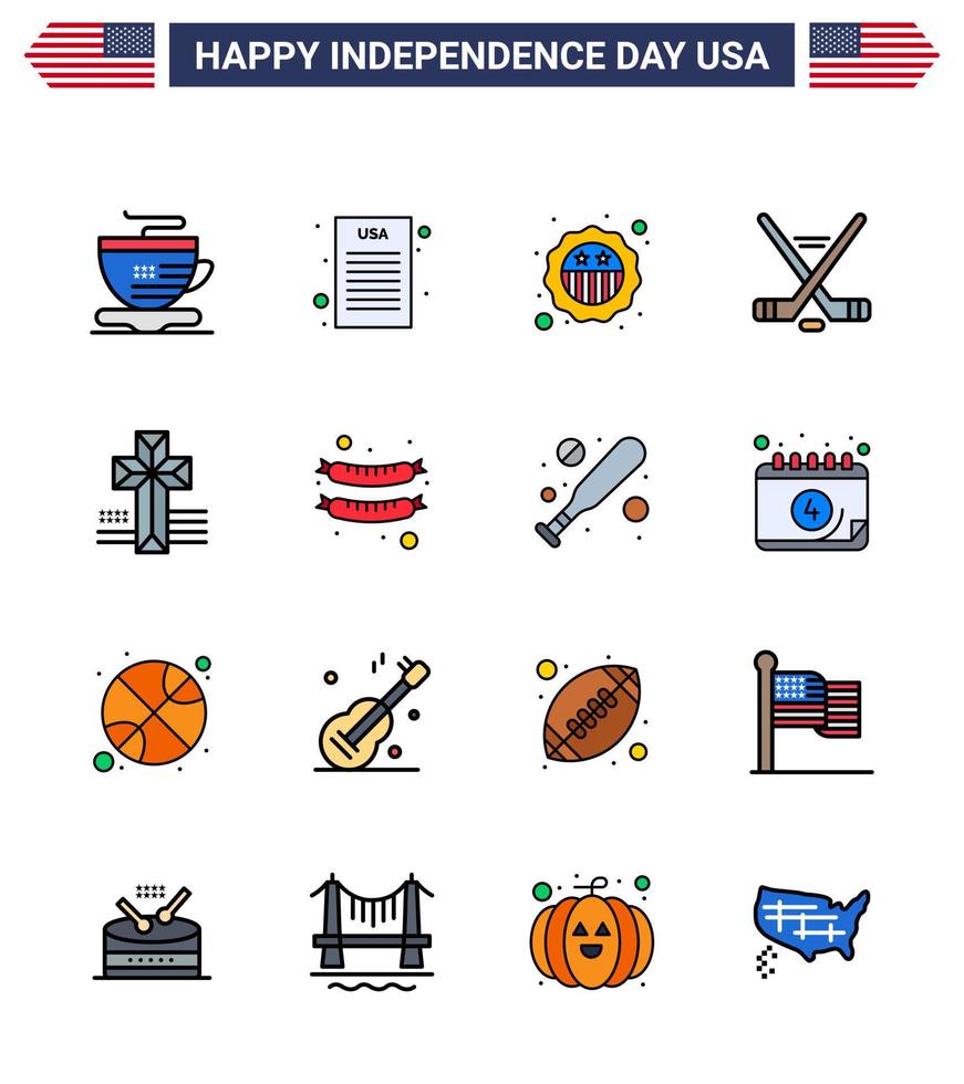 16 Flat Filled Line Signs for USA Independence Day food cross badge american sport Editable USA Day Vector Design Elements