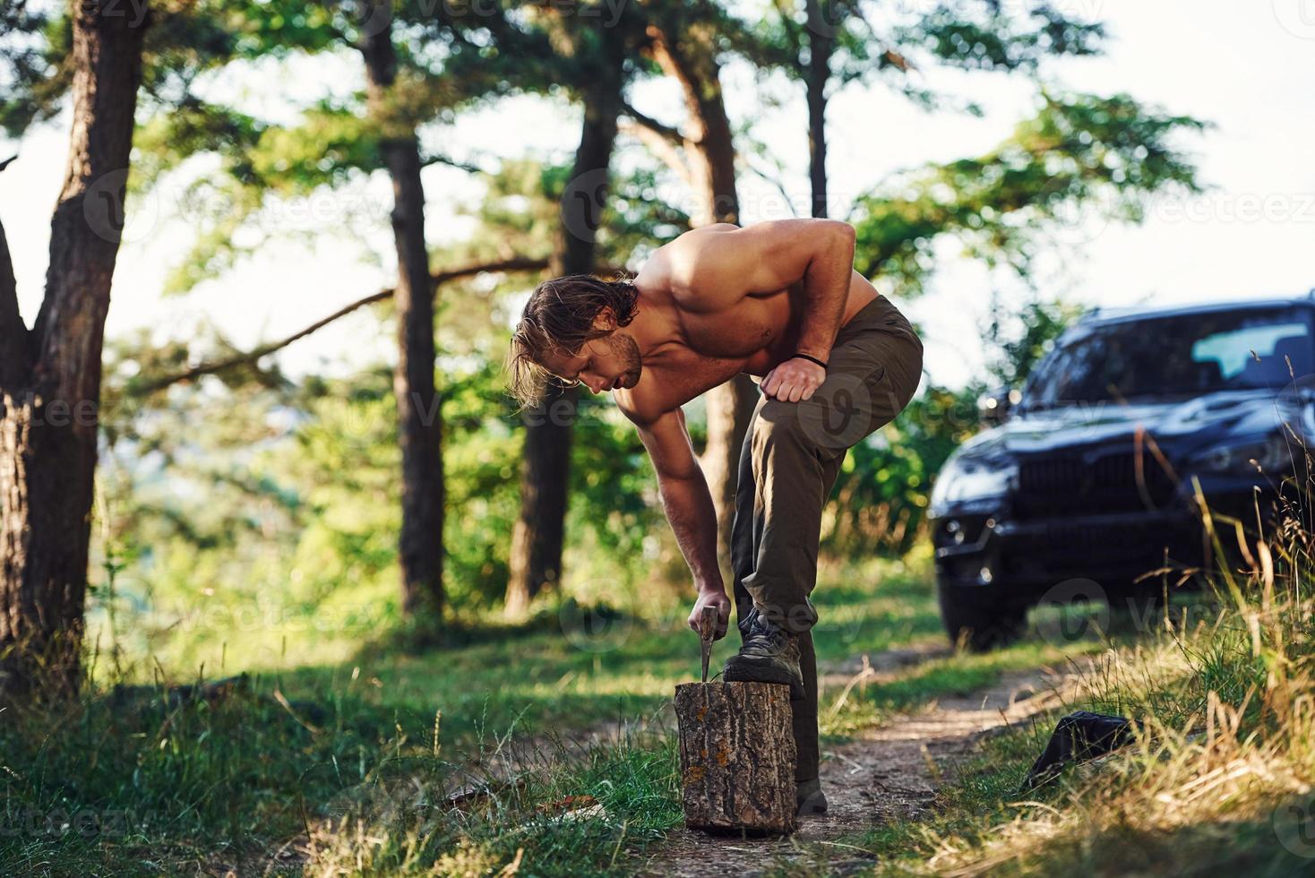 Woodsman with an axe cutting wood. Handsome shirtless man with muscular body type is in the forest at daytime photo