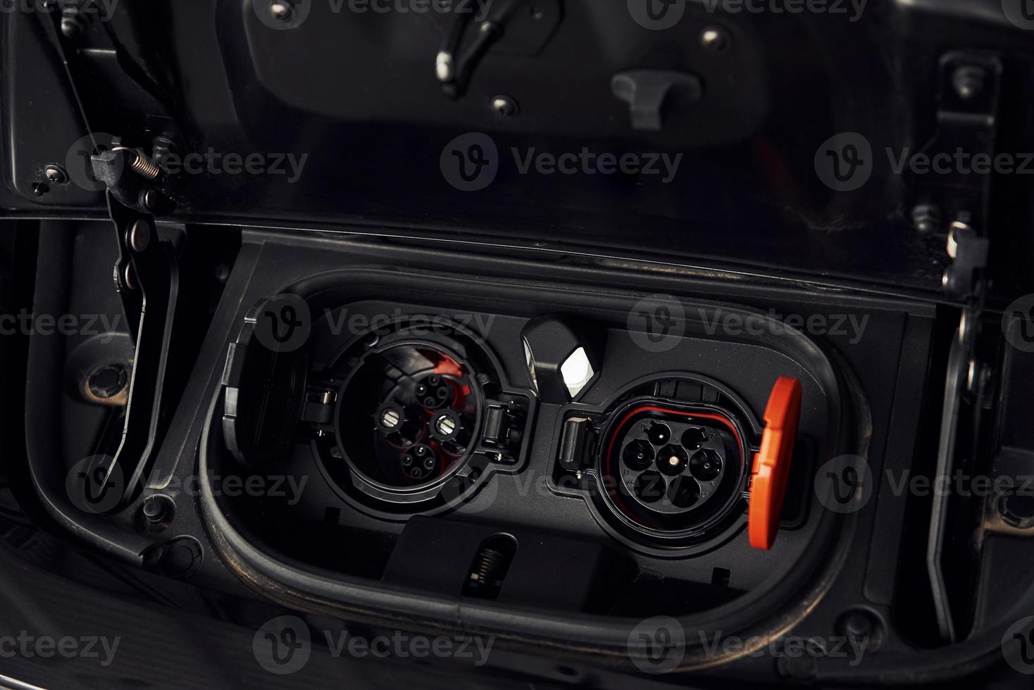 Charging inputs of brand new electrical car. Modern fuel. Conception of ecology photo