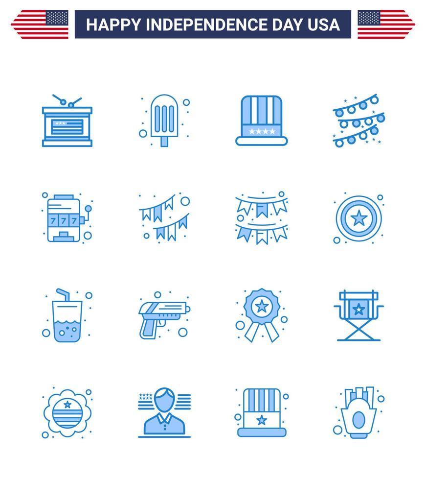 Group of 16 Blues Set for Independence day of United States of America such as game machine cap casino party decoration Editable USA Day Vector Design Elements