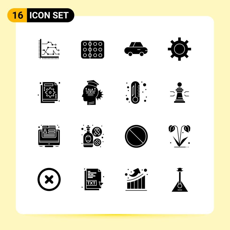 Pack of 16 creative Solid Glyphs of analysis vehicle configuration medical vehicles roadster Editable Vector Design Elements