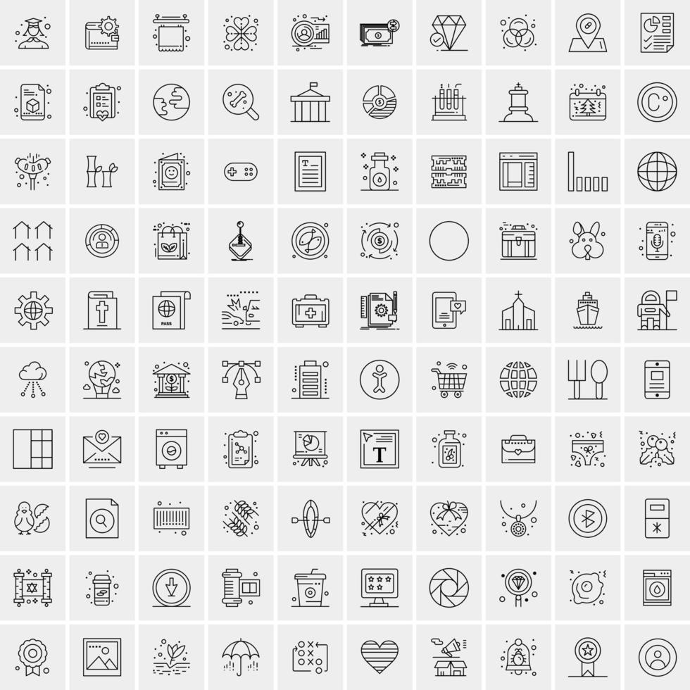 100 Universal Black Line Icons on White Background vector