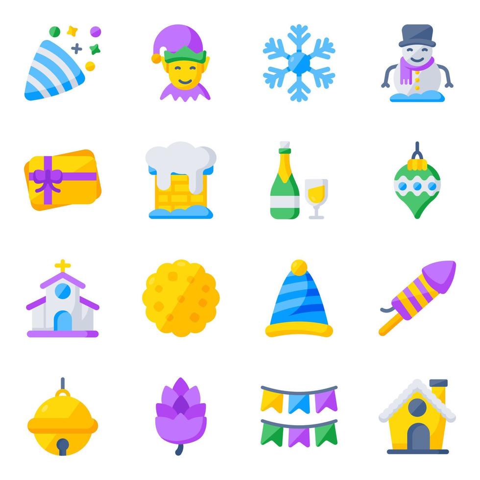 pack de iconos planos de decoración navideña vector