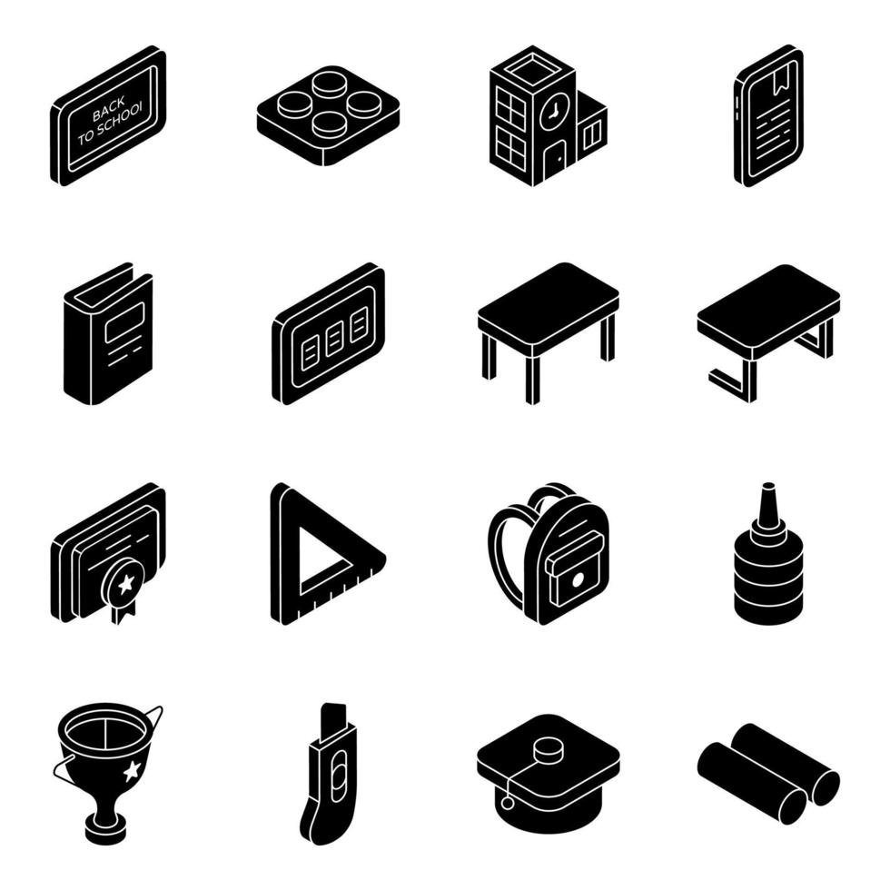 Pack of Education Flat Isometric Icons vector