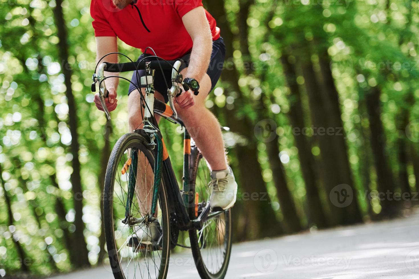 Cropped photo. Cyclist on a bike is on the asphalt road in the forest at sunny day photo