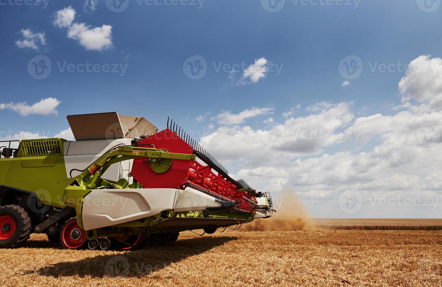 Large combine harvesters working in agriculturic field at summertime photo