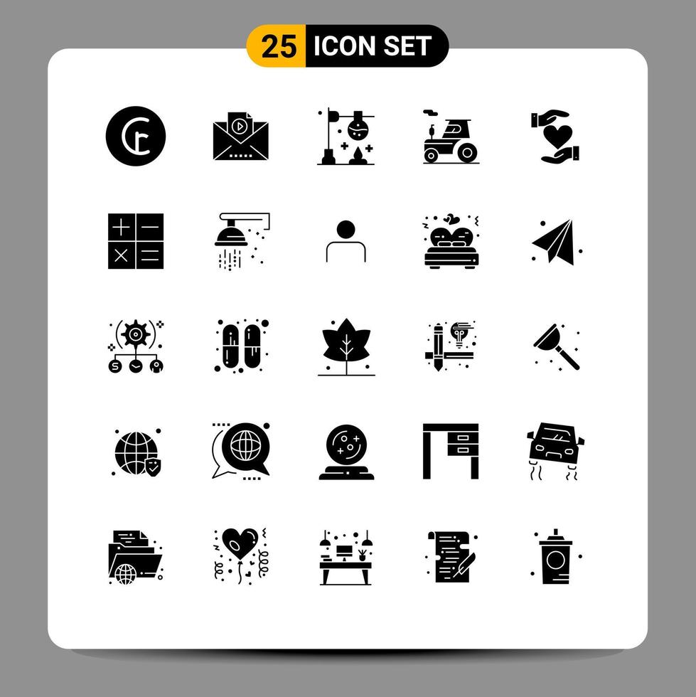 Solid Glyph Pack of 25 Universal Symbols of hand heart chemistry truck tractor Editable Vector Design Elements