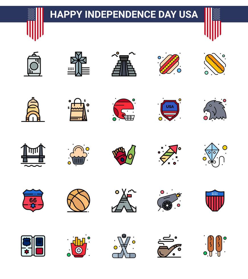 Set of 25 Modern Flat Filled Lines pack on USA Independence Day bag building landmark chrysler hotdog Editable USA Day Vector Design Elements