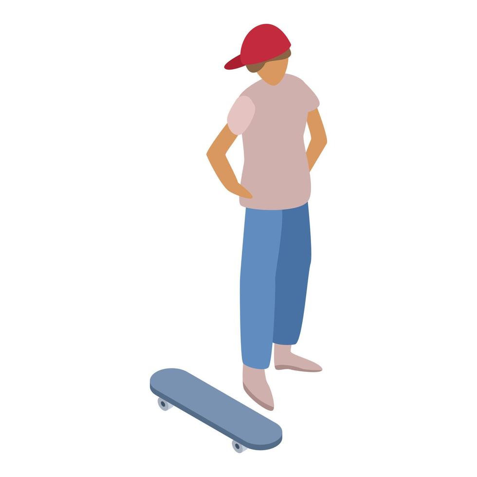 Boy near skateboard icon, isometric style vector