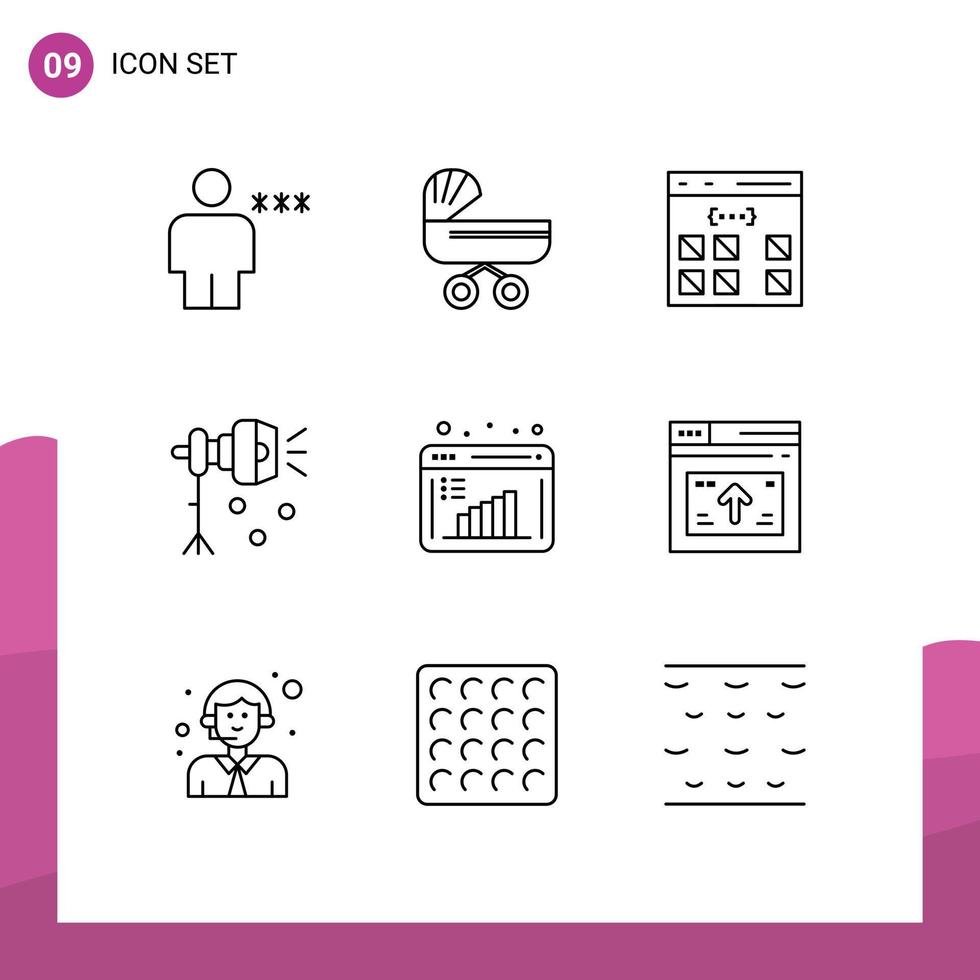 Group of 9 Outlines Signs and Symbols for lightning illumination push interface develop Editable Vector Design Elements