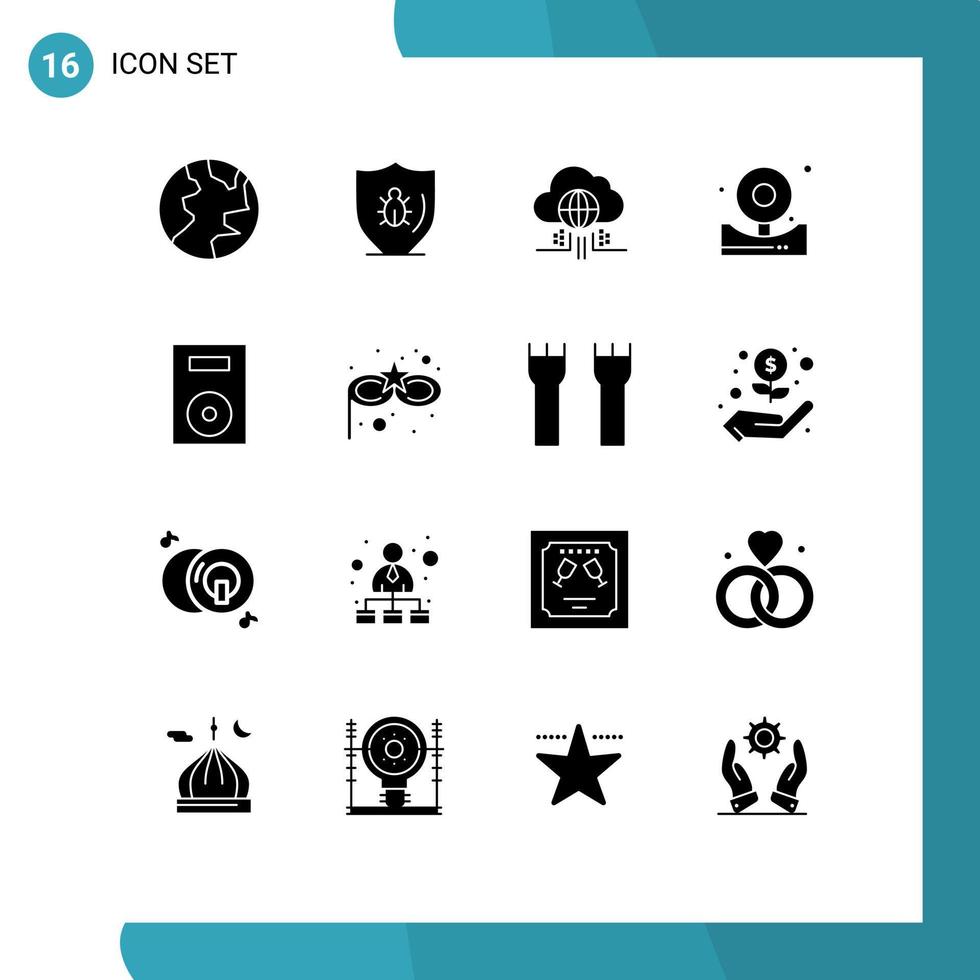 Set of 16 Commercial Solid Glyphs pack for electronics fire internet bell alarm Editable Vector Design Elements