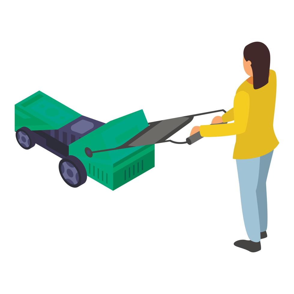 Woman use electric lawnmower icon, isometric style vector