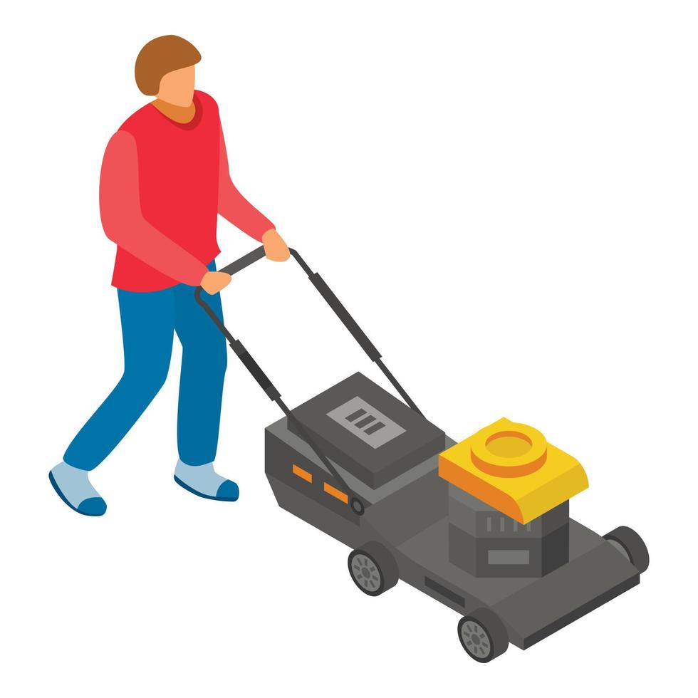 Man use motor lawnmower icon, isometric style vector