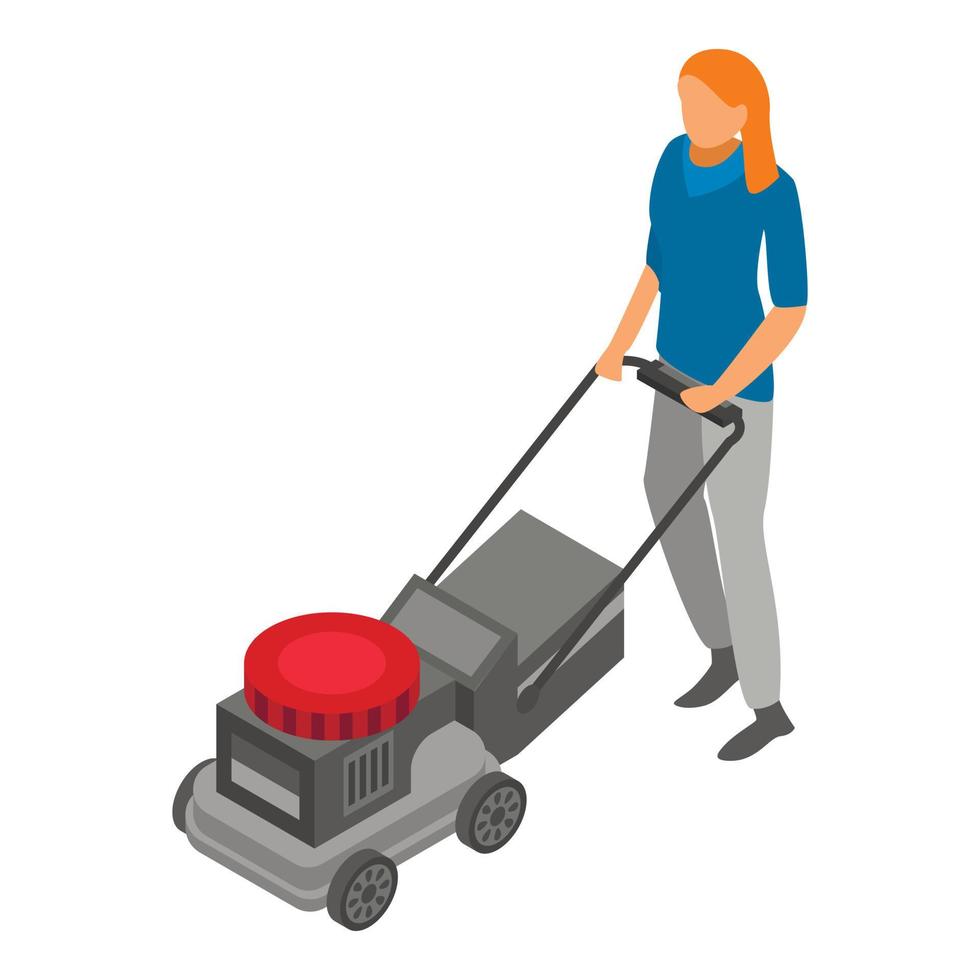Woman use lawnmower icon, isometric style vector