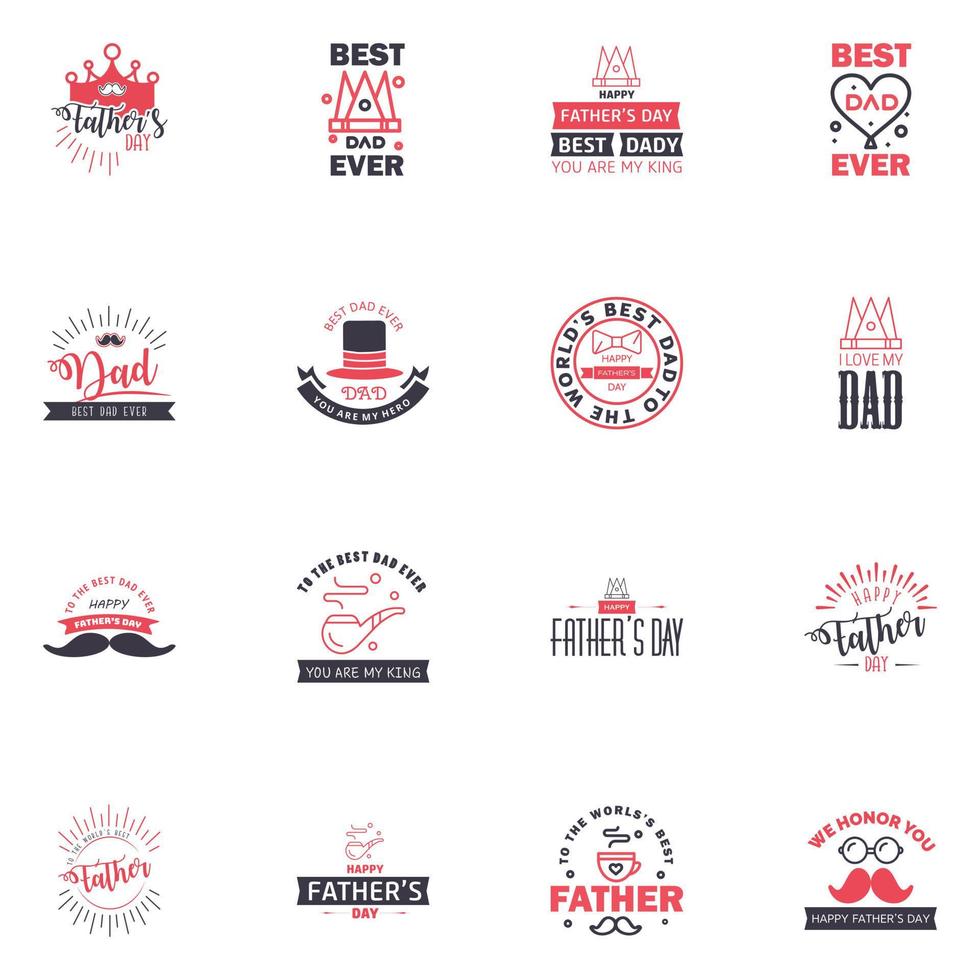 16 Black and Pink Set of Vector Happy fathers day Typography Vintage Icons Lettering for greeting cards banners tshirt design Fathers Day Editable Vector Design Elements