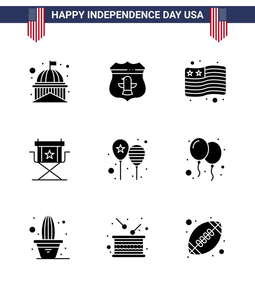 Happy Independence Day Pack of 9 Solid Glyphs Signs and Symbols for balloons star security movies chair Editable USA Day Vector Design Elements