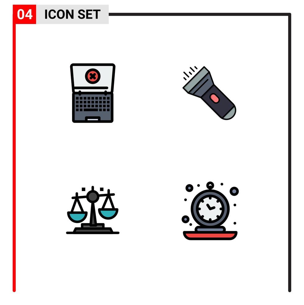 Universal Icon Symbols Group of 4 Modern Filledline Flat Colors of laptop justice flashlight flash alarm Editable Vector Design Elements