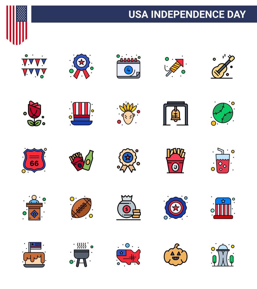 25 USA Flat Filled Line Pack of Independence Day Signs and Symbols of usa guiter calendar day religion Editable USA Day Vector Design Elements