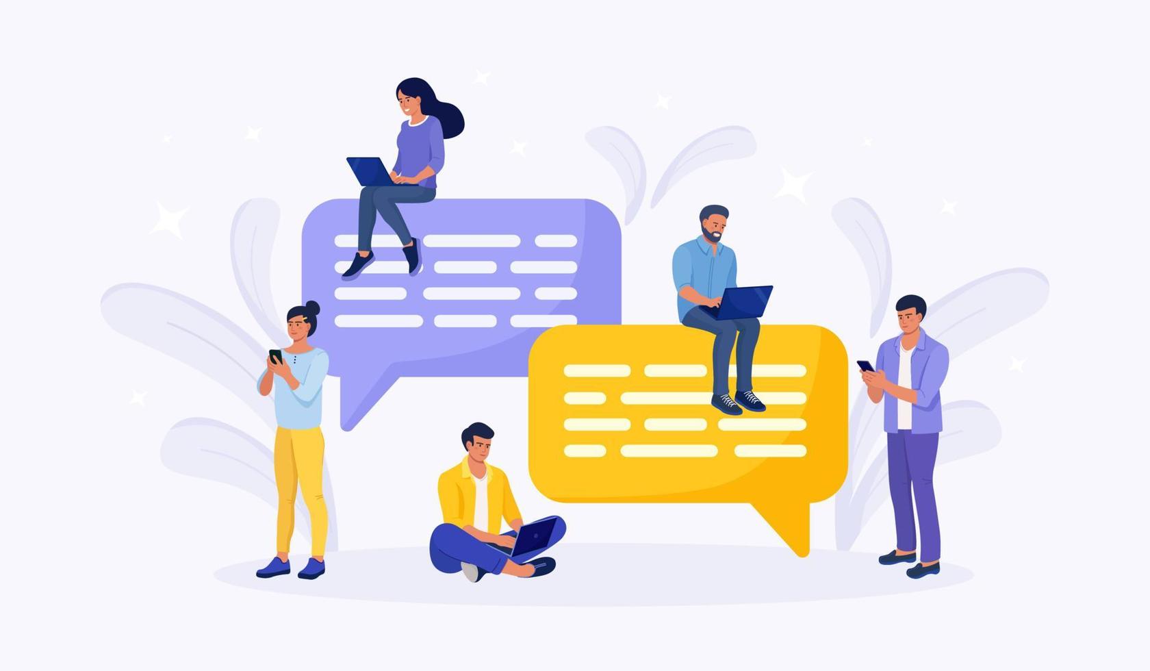 People sitting on speech bubbles for dialogue, comment and reply. Businessmen using phone and laptop for texting, communicating on social networks. Chatting in search of ideas, problem solving vector