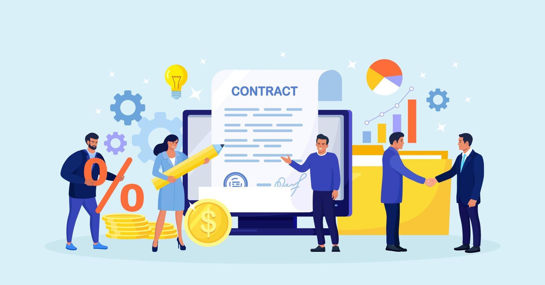 Contract Agreement. Electronic Document Signature. Tiny Business People Inspecting Contract Document, Reading Privacy Policy and Terms and Conditions. Businessman Signing Official Paper vector