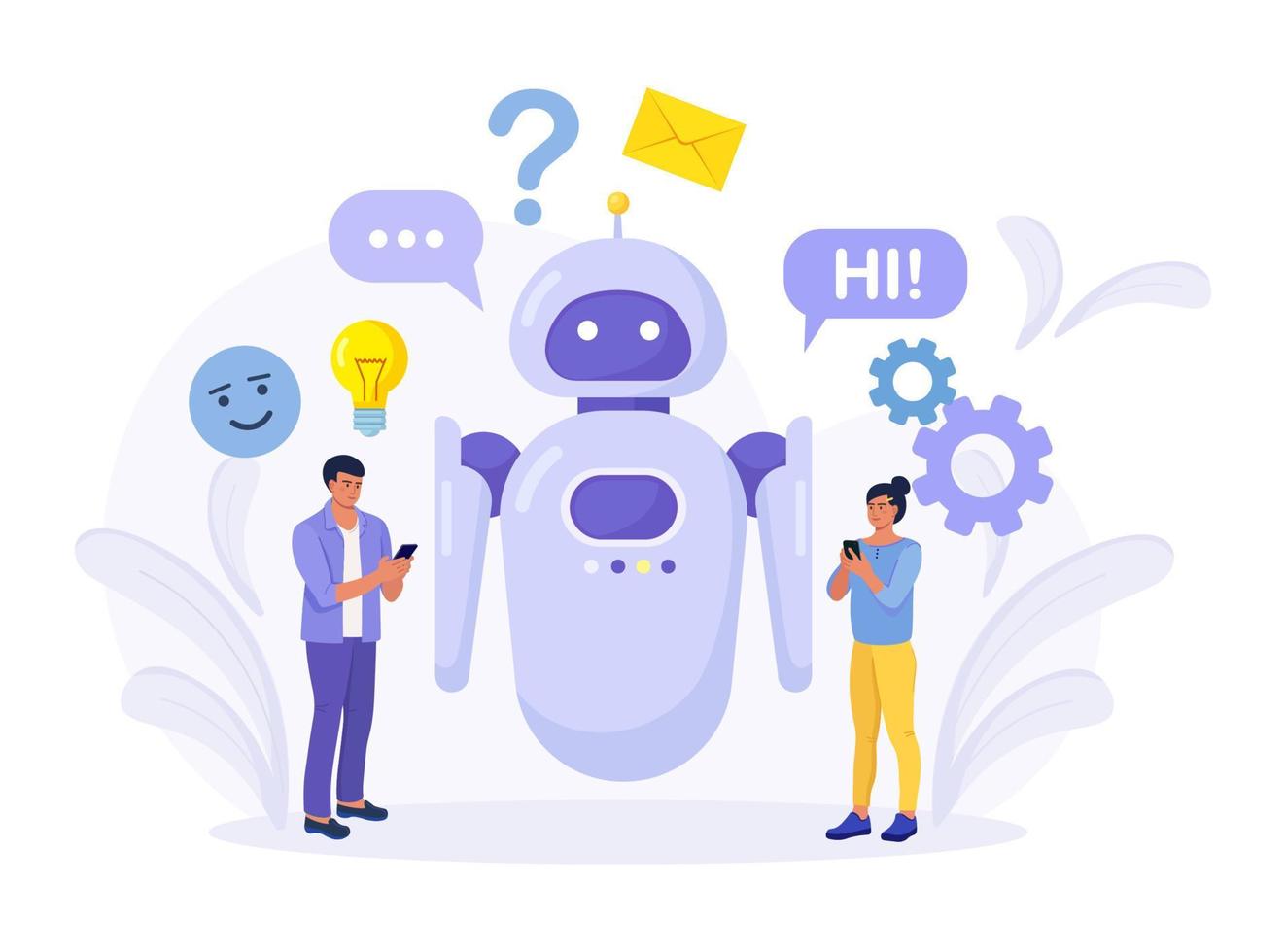 Tiny people chatting with chatbot application. AI robot assistant, online customer support. Chat bot virtual assistant via messaging Information engineering, artificial intelligence and FAQ concept vector