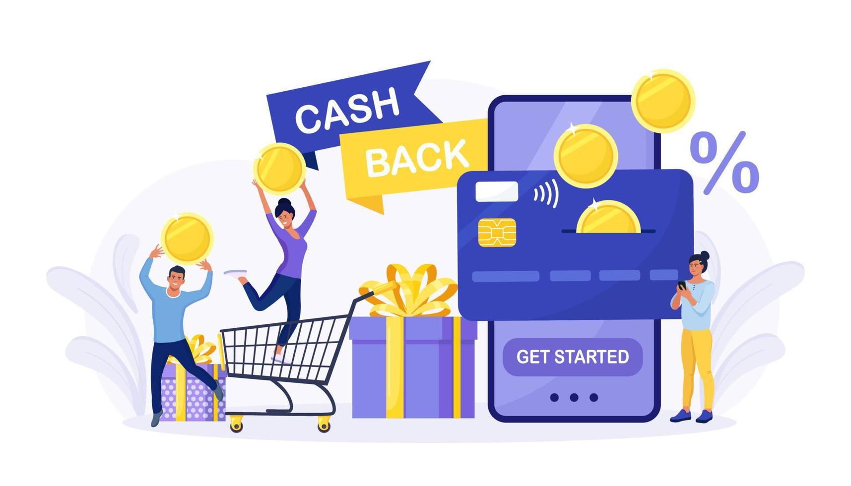 Online cash back or money refund concept. Happy people receiving cashback for shopping. Big phone with button get started the cashback. Saving money, get vouchers and discounts, reward program vector