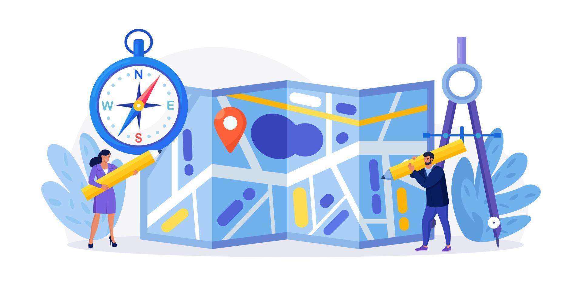 cartografía, topografía. personas con brújula, divisor y lápiz que planifican la ruta turística, ponen marcas para los puntos de destino. personajes orientados en un enorme mapa de papel, buscando camino. concepto de geografía vector