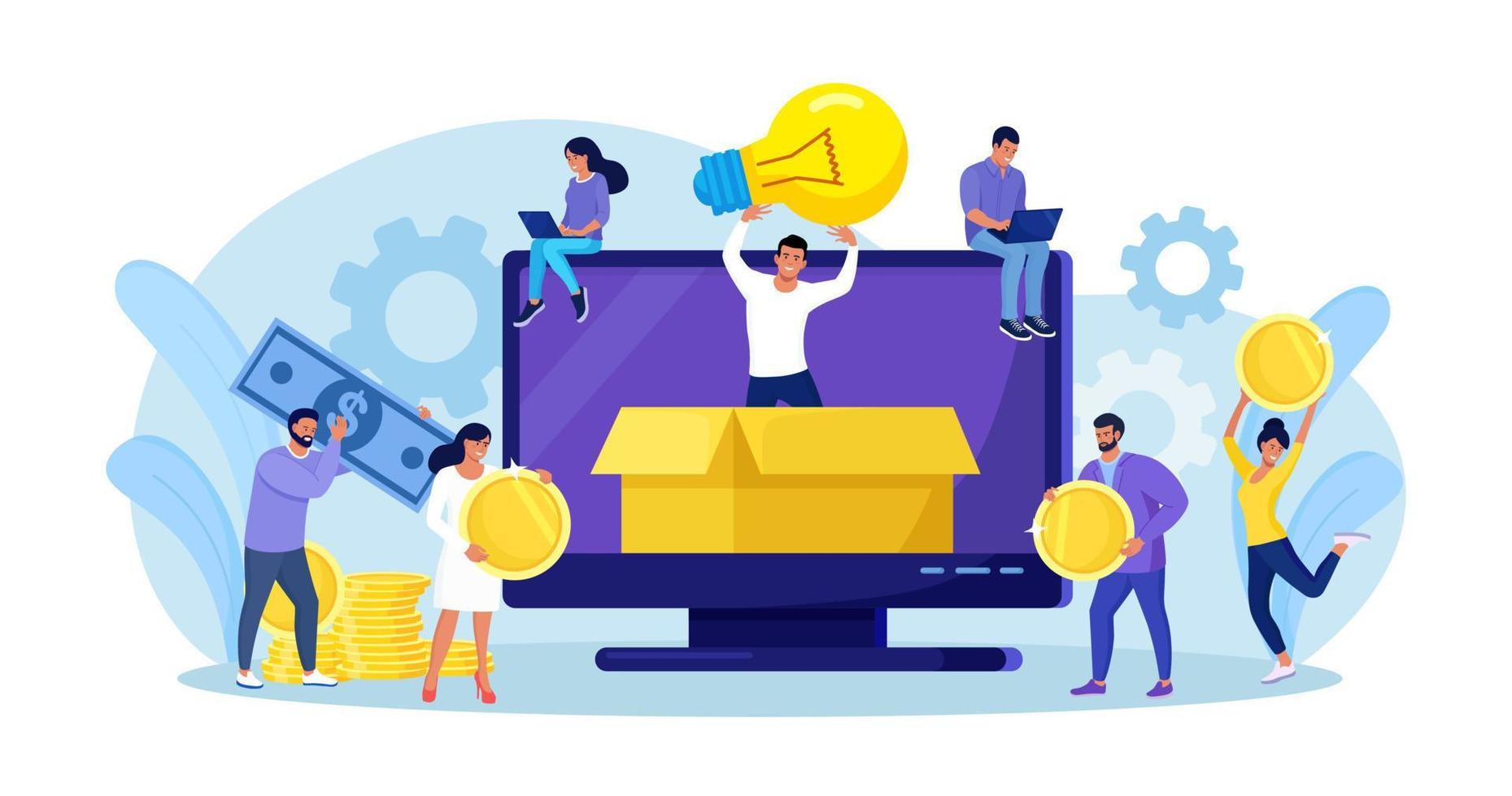 Crowdfunding. Startup investment. Online service project to support, donate or collective raise money for new ideas. Crowdsourcing project, alternative financing. People putting money in donation box vector