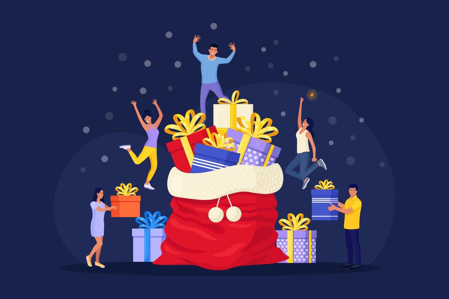 personas diminutas se preparan para la celebración navideña y de año nuevo. los personajes llevan una enorme caja de regalo cerca del gran saco de santa con un montón de regalos y decoración festiva vector
