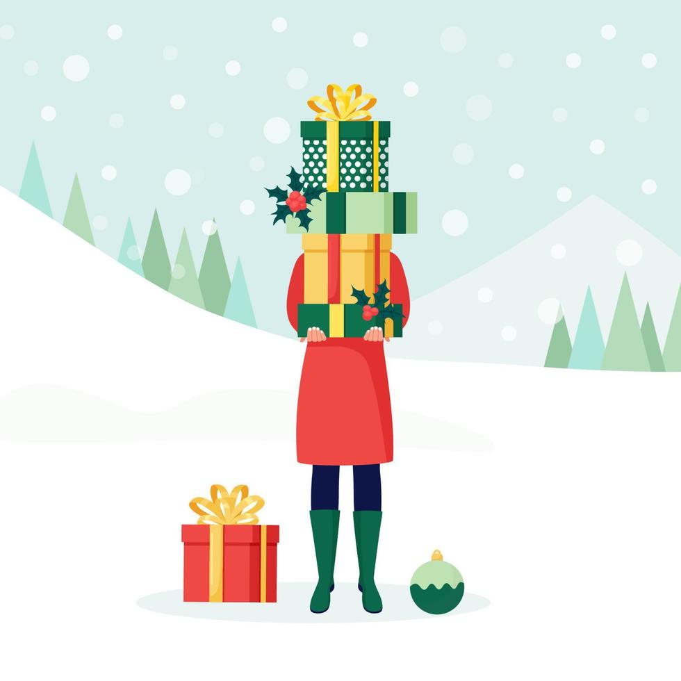 Woman hold big pile, stack of wrapped gift boxes, presents with ribbon in hand. Surprise for holiday. Merry christmas, new year, happy birthday concept. Xmas sale vector