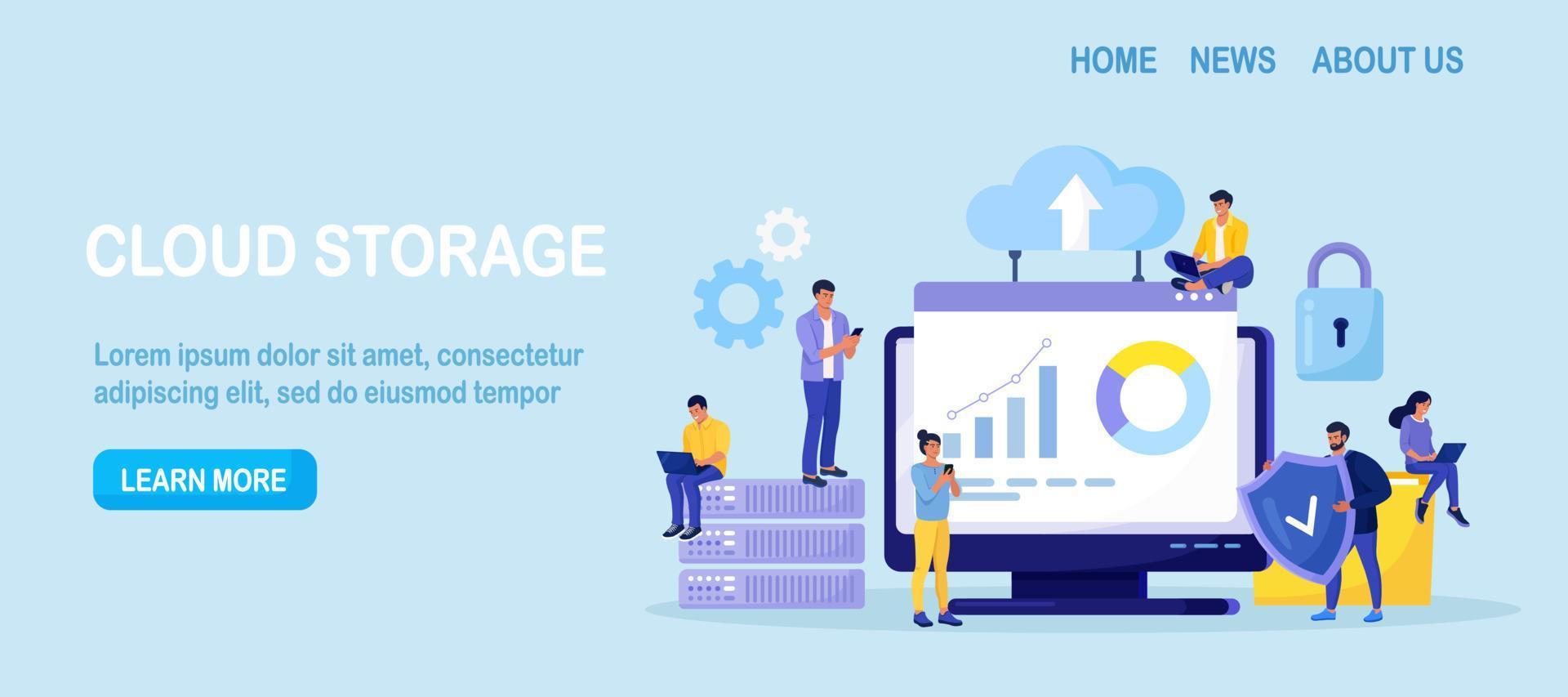 Los especialistas en TI administran el servicio en la nube, el almacenamiento de datos. plataforma de hospedaje procesamiento de big data, transferencia. tecnología informática en línea. soluciones de software para compartir información en la red digital vector