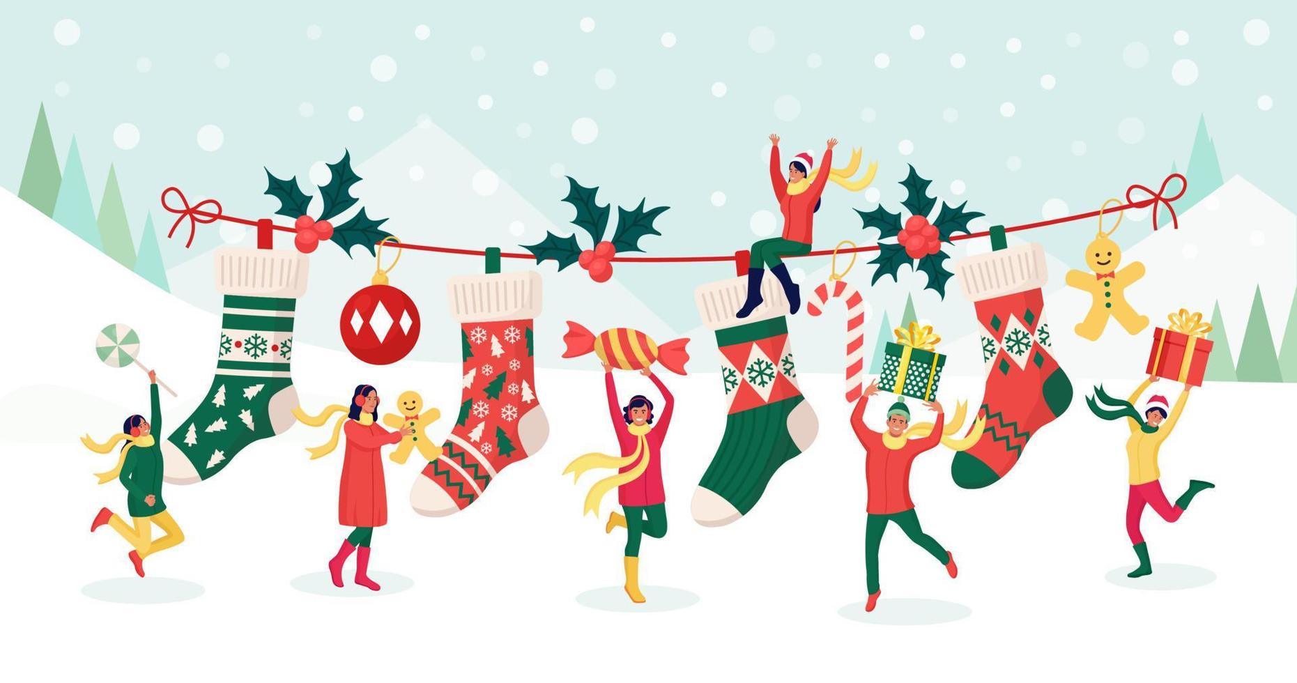 gente feliz celebrando la fiesta de navidad. los personajes ponen regalos, dulces en grandes calcetines festivos. preparación para las vacaciones de invierno. víspera de navidad feliz navidad y año nuevo vector