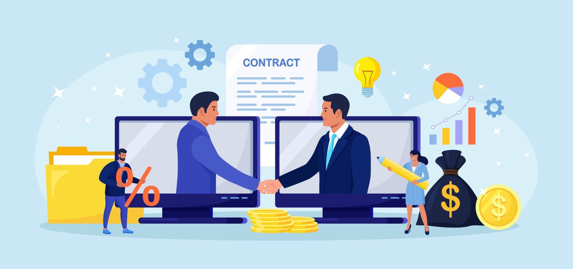 Virtual deal with distant agreement. Businessmen talk through computer and shake hands. Online communication and business meeting, video call. Remote conclusion of the transaction, signing contract vector