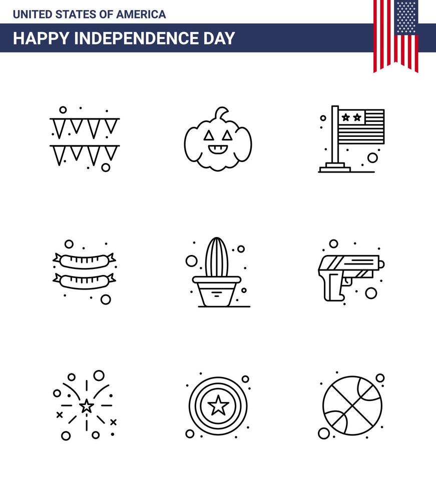 9 Creative USA Icons Modern Independence Signs and 4th July Symbols of gun plant international flower sausage Editable USA Day Vector Design Elements