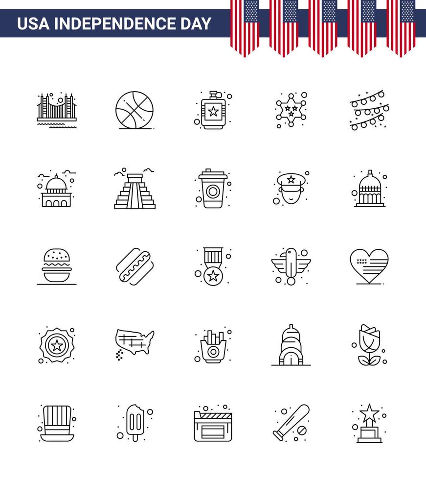 conjunto de línea del día de la independencia de estados unidos de 25 pictogramas de estados unidos de placa de policía matraz líquido deportivo elementos de diseño de vector de día de estados unidos editables