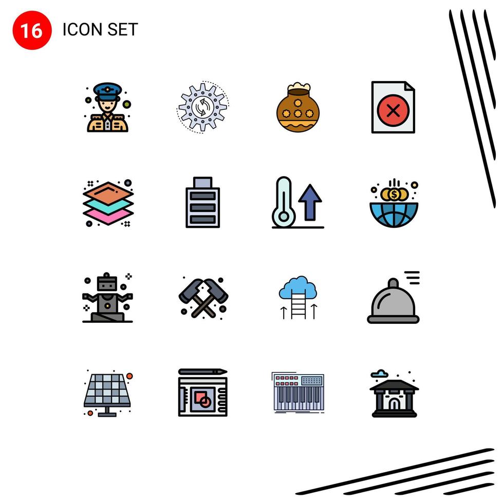 16 Universal Flat Color Filled Lines Set for Web and Mobile Applications layer file pot document festival Editable Creative Vector Design Elements