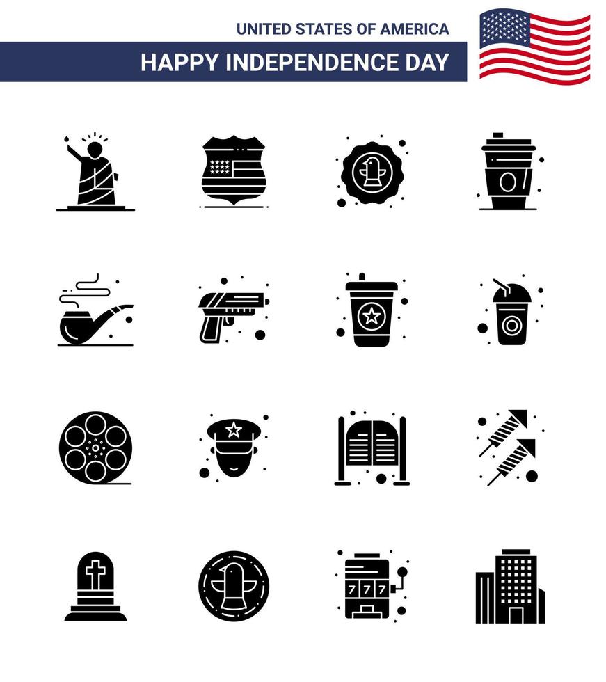 USA Independence Day Solid Glyph Set of 16 USA Pictograms of usa drink security alcohol eagle Editable USA Day Vector Design Elements