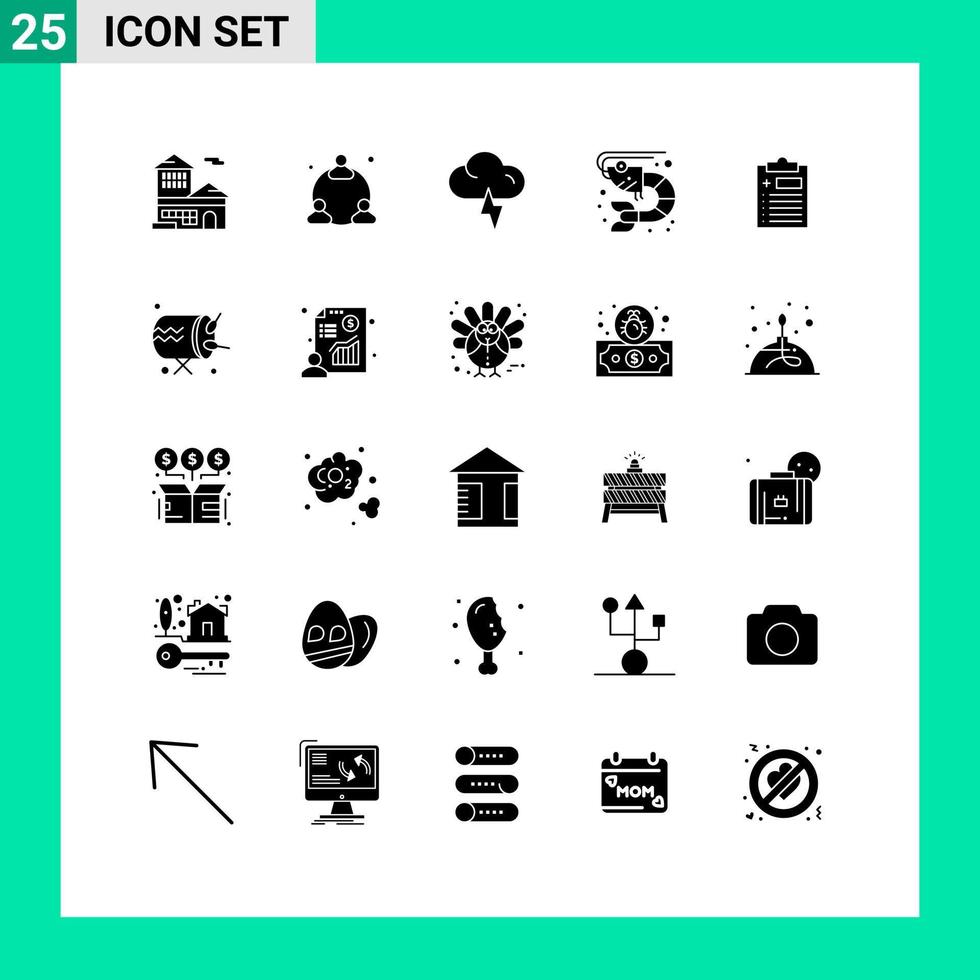 Group of 25 Solid Glyphs Signs and Symbols for medicine clipboard lightning medical sea Editable Vector Design Elements