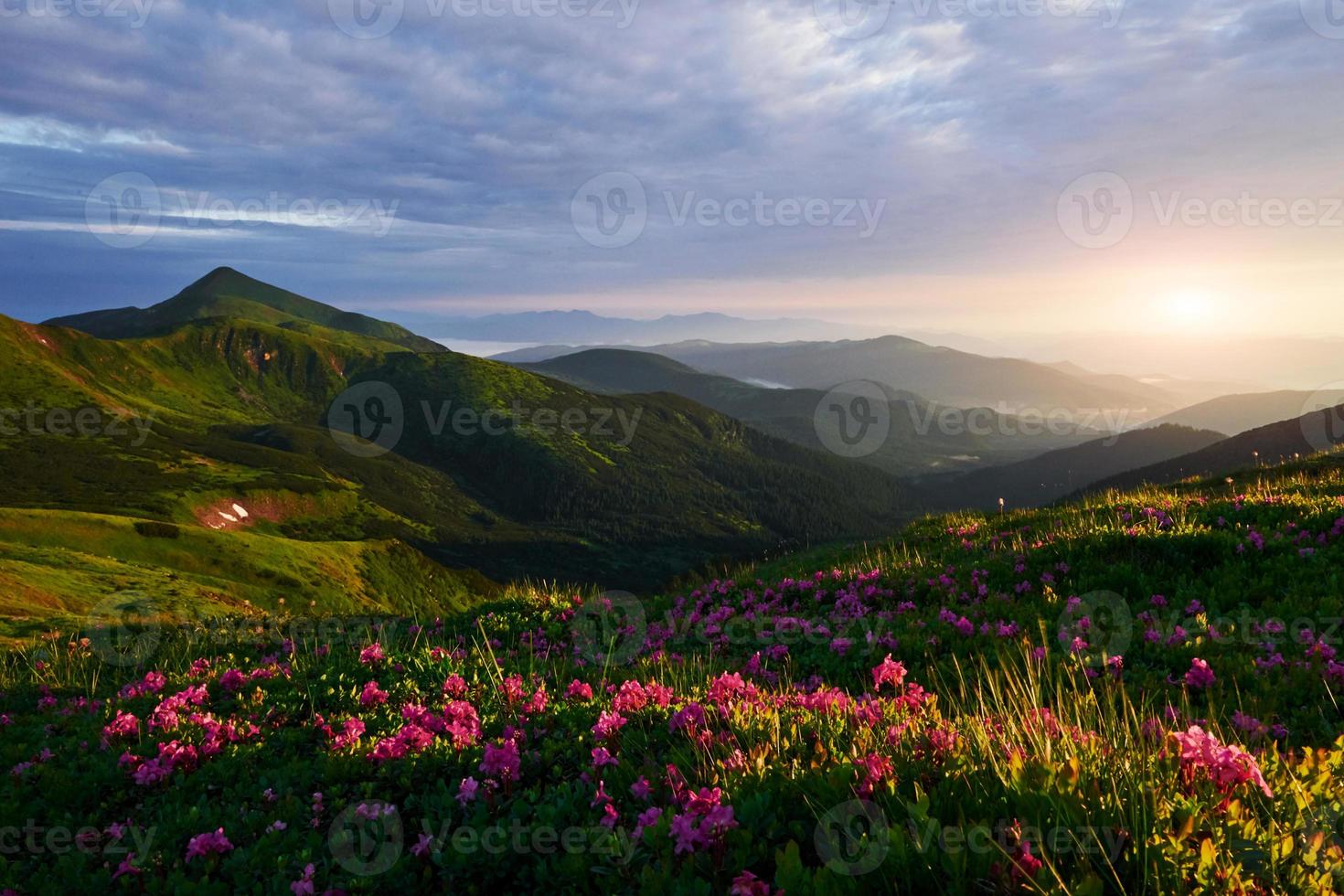 Sun setting on the horizon. Majestic Carpathian mountains. Beautiful landscape. Breathtaking view photo