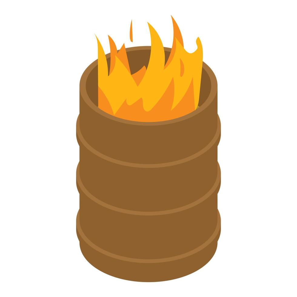 fuego ardiendo en icono de barril, estilo isométrico vector