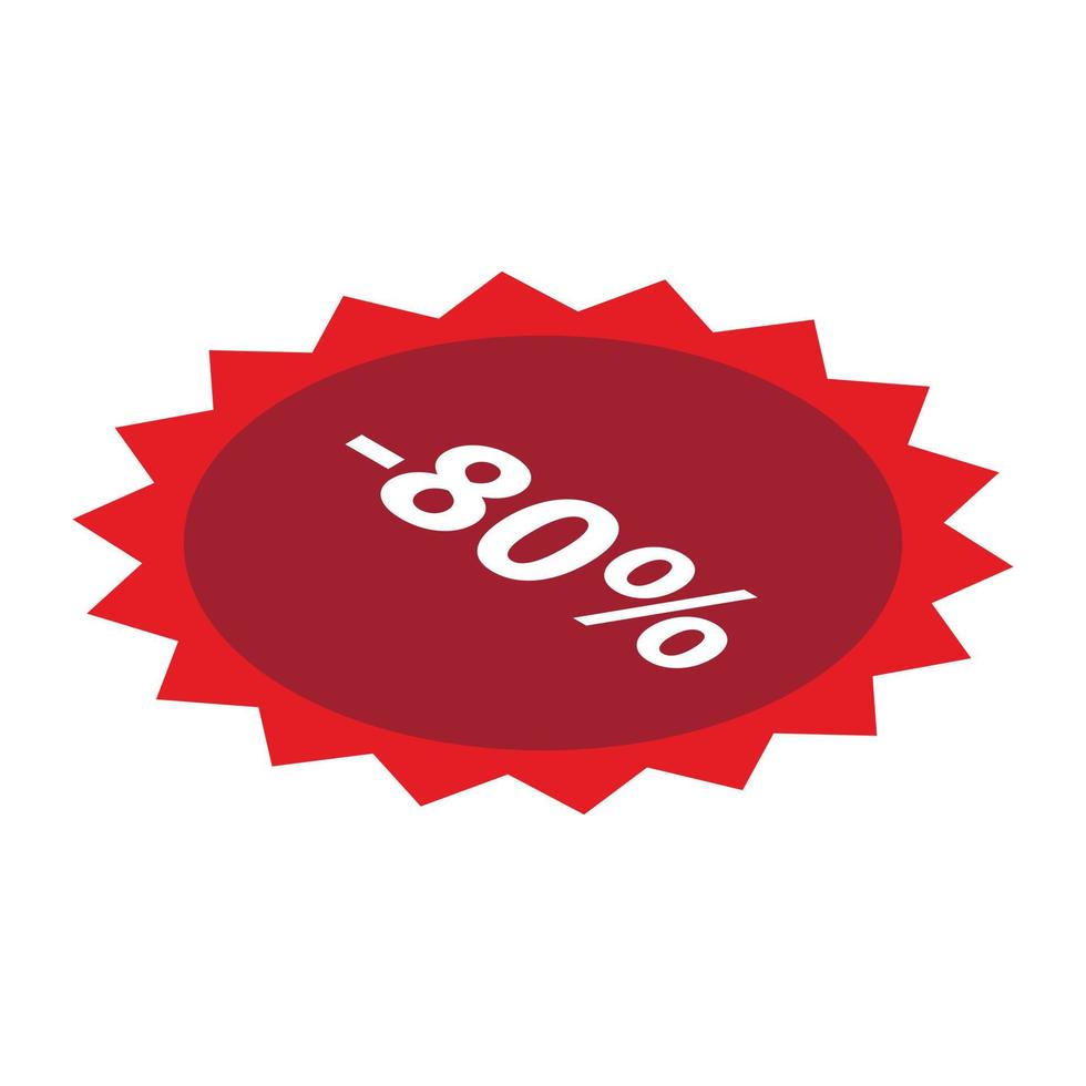 Minus 80 percent sale red icon, isometric style vector