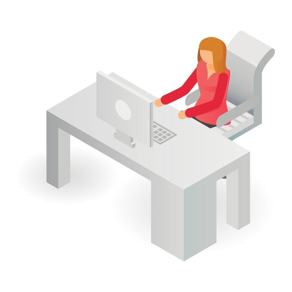 Woman at office table icon, isometric style vector