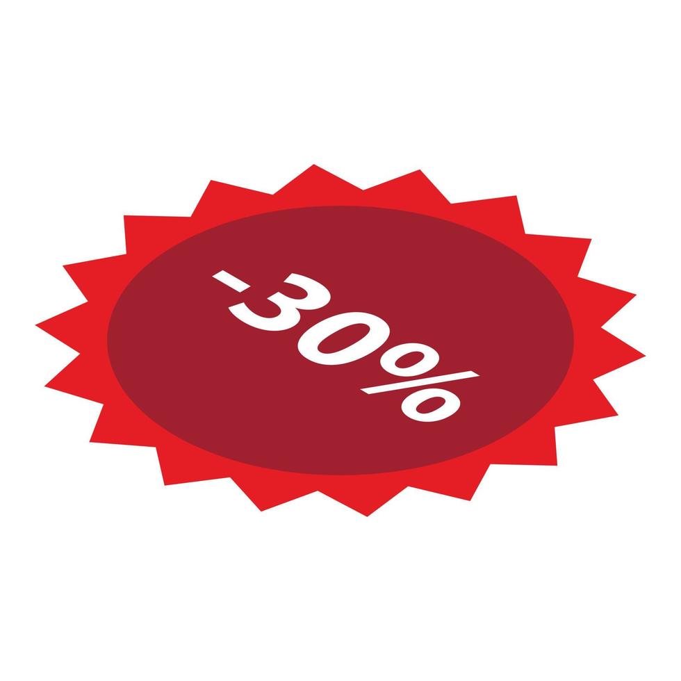 Minus 30 percent sale red icon, isometric style vector