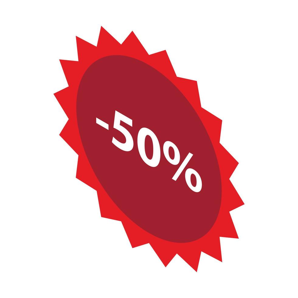 Minus 50 percent sale red emblem icon, isometric style vector