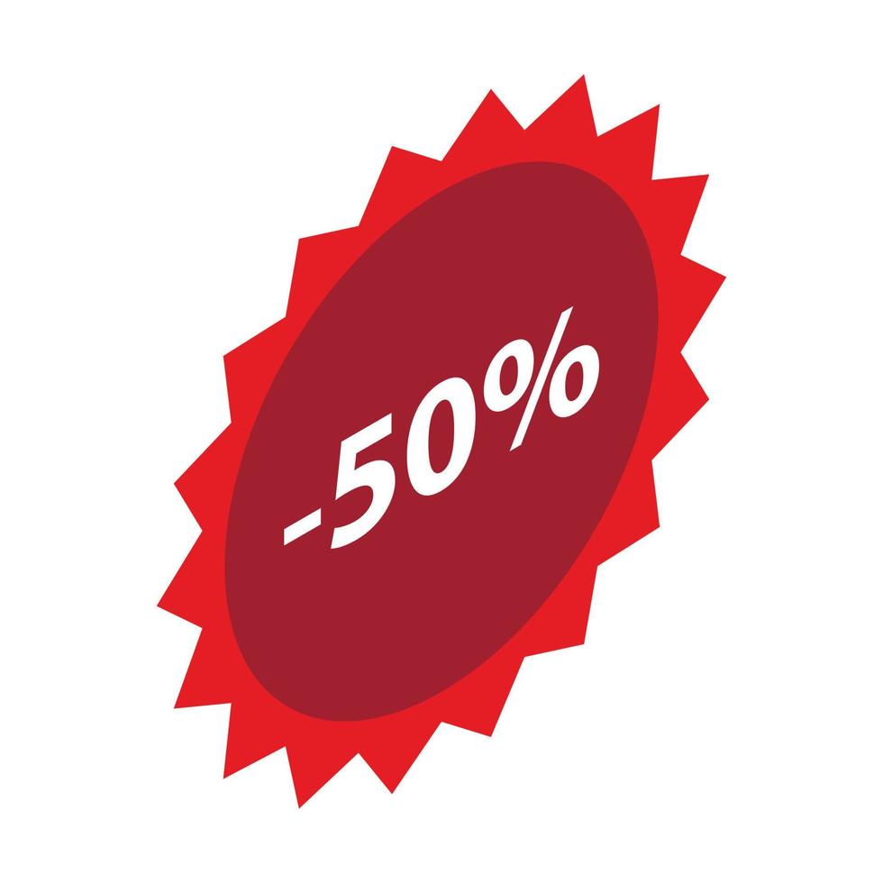 Minus 50 percent sale red icon, isometric style vector