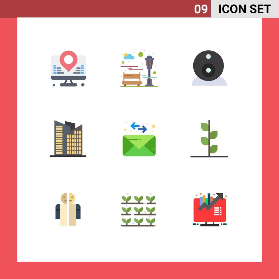 Mobile Interface Flat Color Set of 9 Pictograms of forest mail security envelope office Editable Vector Design Elements